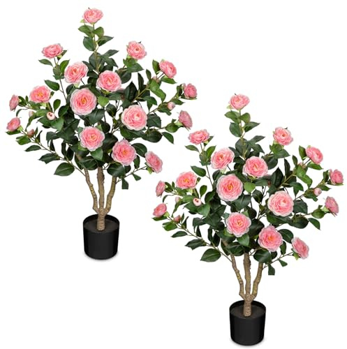 Arborus 2 st. Konstträd med blommor 90 cm träd konstgjord kameliaträd stora konstgjorda växter rosa blommor konstgjorda blommor i kruka, konstgjorda växter som äkta i kruka, dekorativt träd för