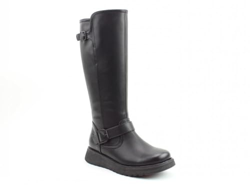 Heavenly Feet Rubymae2 Ladies Tall Calf Boots Vegan Friendly Memory Foam Insoles Twin Buckle Detail Black and Brown (Black, UK Footwear Size System, Adult, Women, Numeric, Medium, 7)