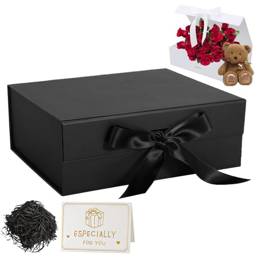 Svart presentask med lock 22 x 16 x 8,8 cm, magnetisk presentask lyxig presentask med band gratulationskort strimlat papper för helgdagar bröllop födelsedag gåva förpackning fest presentaskar
