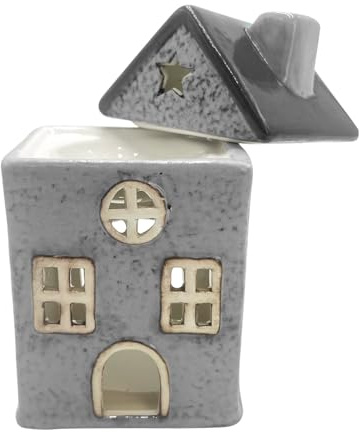 Cello Star Cottage Burner - Grey Ceramic House Scented Wax Melt Fragrance Oil Burner Tealight Decorative Holder Aroma Lamp Present Home Gift for Christmas