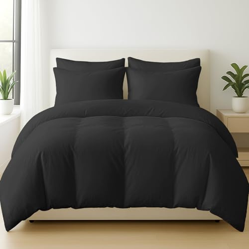 Pamposh 4 Pcs 100% Egyptian Cotton Super King Duvet Set With Matching Black Superking Size Fitted Sheet 35 cm Extra Deep Pocket - UltraSoft Premium Cotton 400 Thread Count Bedding Set For All Seasons