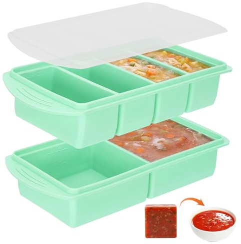 Silikonform för frysning med lock, 2- och 4-facks set – frysbehållare med måttskala 125–500 ml för soppa, såser och meal prep, BPA-fri, stapelbar, läckagesäker, grön