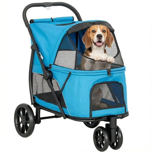 PawHut Carrito para Perros Plegable 3 Ruedas Frenos 92x63x95 cm Azul | Cochecito para Perros Medianos, Ventanas de Malla, Cojín Lavable, Bolsillo, Correas de Seguridad, Todo Terreno, Carga 20 kg