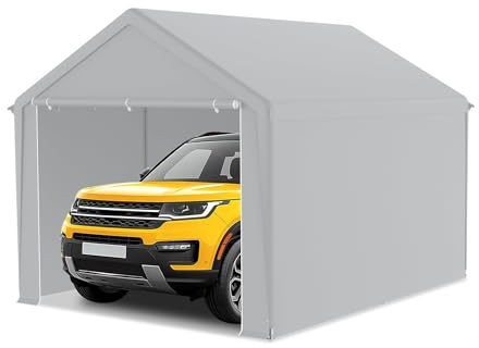 LZQ tältgarage 4 x 8 m grå, stabil carport och förvaringstält med stålram, förstärkt tak- och golvkonstruktion, avtagbara sidoväggar, utrustningsskydd för bil, SUV, båt, trädgårdsredskap och byggplats