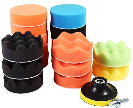 Qiilu 19pcs 3 Esponja Pulido Encerado pulidoras Pad Kit - Almohadillas para pulir y encerar, Esponja de Espuma + M10 Adaptador para Taladro