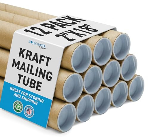 MagicWater Supply Heavy Duty Mailing Tubes - Durable Cardboard for Shipping, Storing & Protecting Posters Artwork Documents and Blueprints with Secure End Caps - 12 Pack 2 in x 18 in Kraft - US Made.