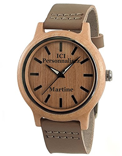 Générique Montre Personnalisée en Bois Naturel (érable), Personnalisée par Un Marquage sur Le Cadran. Bracelet Cuir. Montre Homme et Femme Cadeau St Valentin