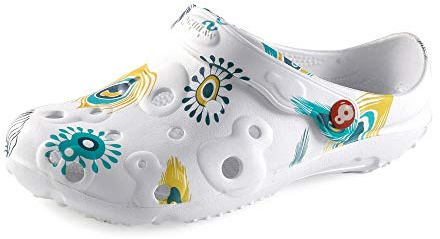 Schu'ZZ - Bedruckte Globula – Damen-Clog aus Kunststoff – bequem, leicht, sehr robust – CE-zertifiziert – für Zuhause und Aktivitäten im Freien, Pfauenfeder, 40 EU