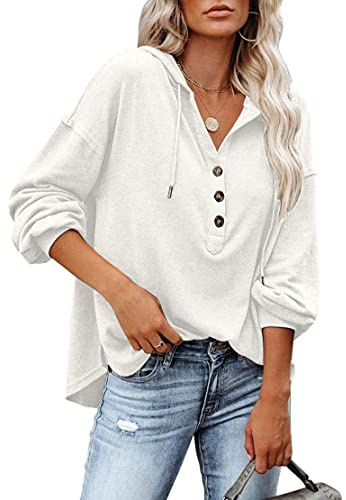 PLOKNRD Camiseta Henley de Manga Larga de Otoño para Mujer, Ligera con Cordón,(Blanco Cremoso, 2XL)