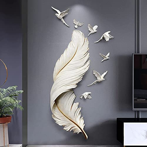 Cieamratu Feder Metall Wanddeko Wohnzimmer, Groß Moderne Einfache Wandskulpturen mit 7 Fliegende Vögel, DIY Aesthetic Room Decor für Zuhause Schlafzimmer Flur Wohnzimmer Badezimmer Büro(Size:White)