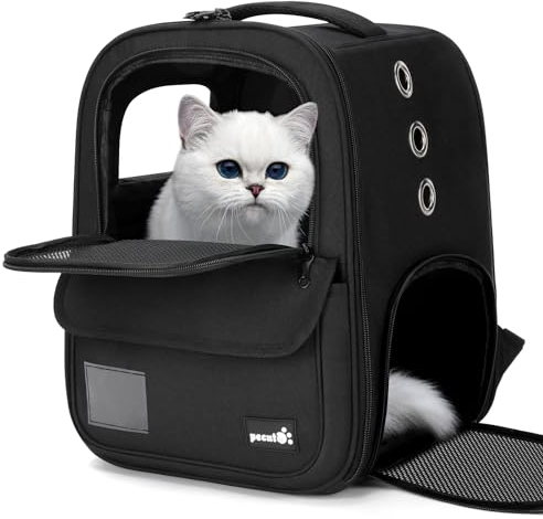 pecute Haustier Rucksack 6kg, Tragbare und Faltbare Katzentasche, Atmungsaktive und Leichte Hundetasche, Wasserdichtes Oxford-Tuch, für Reisen, Wandern,Schwarz