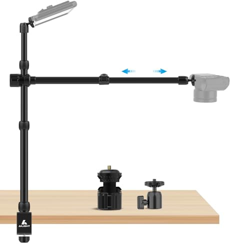 Ailight Overhead Camera Mount Desk Stand, Tabletop Webcam Mount with 2-Section Adjustable Telescopic Boom Arm, C Clamp/Swiveling Ball Head for DSLR Camera, Ring Light, Webcam