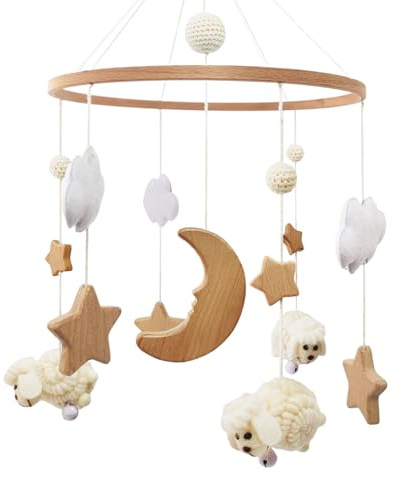 Babymobil i trä får babysäng mobil baby vindklocka beige, moln måne stjärna baby mobil boho sängklocka, babyleksak för flickor eller pojkar