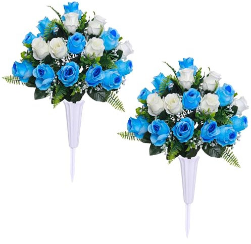 Lodou Artificial Cemetery Flowers,Outdoor Grave Decorations Roses, Memorial Flowers Bouquet with Cemetery Vase,2 Sets (Blue)