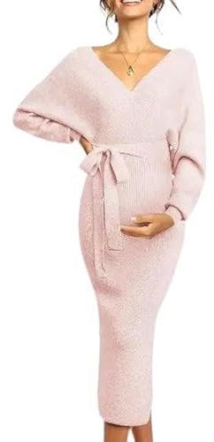 JINGBDO Tute Premaman Abito Rosa per La maternità da Donna da Una Donna Incinta con Gonna A Maniche Lunghe-Rosa-XL
