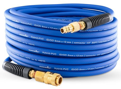Poppstar PVC Hybrid Druckluftschlauch 5m, ID 6mm, Messing Schnellkupplung 1/4, 20 bar, blau