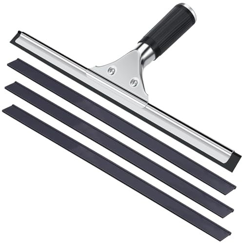 Limpiacristales profesional, 30 cm, acero inoxidable, mango de goma, con 4 bordes de goma de repuesto, para cristal, baño, azulejos, limpieza de ventanas, color negro