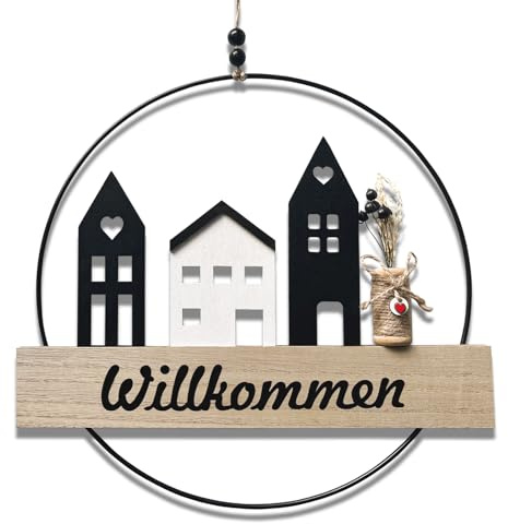 LAINIKE Türkranz Häuser, Trockenblumenkranz, Fensterdeko und Türkranz Herzlich Willkommen Türkranz Türdeko 28 cm Durchmesser –Tür Fenster Wandschmuck