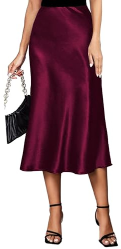 Falda de Satén para Mujer Cintura Elástica Cintura Alta Elegante de Seda Maxi Verano Falda Midi de Negocios Borgoña,XL