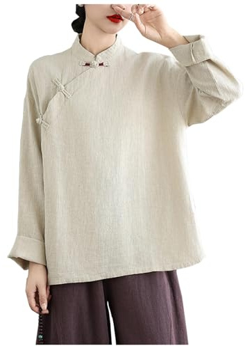 DAYKET Damen Kung-Fu-Anzug aus Baumwolle und Leinen, Chinesische Kampfkunst-Uniform, Meditationsanzug, Langärmeliges Hemd und Hose,Apricot-L