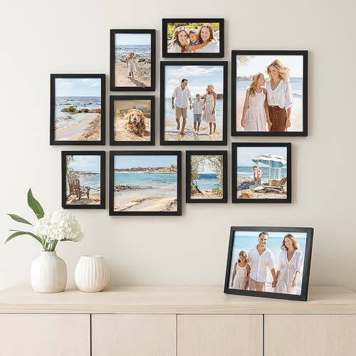 Set of 10 Picture Frames Two A4 Four 20 x 25 cm (8 x 10 Inches) Four 10 x 15 cm (4 x 6 Inches) Plastic Front MDF Easy Wall Table Display Photo Gallery