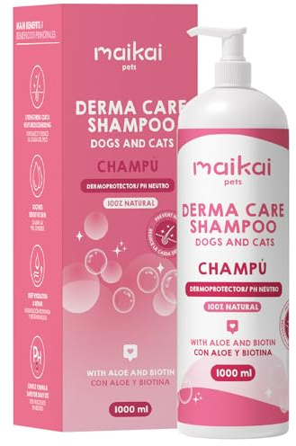 MAIKAI Champu Natural Perros Gatos Piel Sensible con Aloe Vera Biotina Hidratante Calmante Antipicores pH Neutro Fortalece Pelo Uso Frecuente Anticaida Regenerador Cicatrizante 1000ml