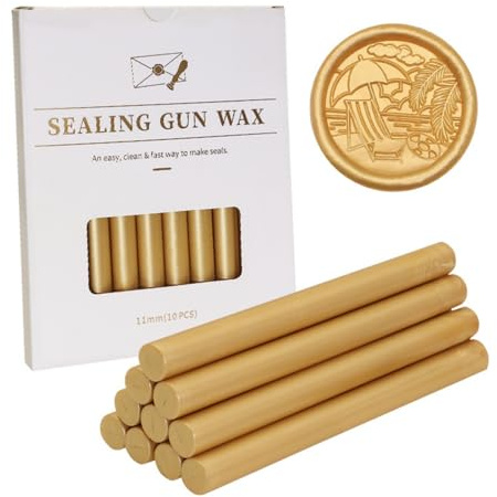 Bastoncini di Ceralacca per Pistola a Colla, 10 Pezzi Stick Ceralacca 11 mm Colore Metallico per Bricolage, Timbri, Lettere, Buste, Biglietti, Inviti, Feste (Oro)