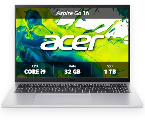 Acer, Aspire Go 16, Laptop, 16 inches, WUXGA Active Matrix TFT LCD Display, Intel Core i9-13900H, 32 GB RAM, 1 TB SSD, Intel Iris Xe Graphics, Windows 11 Home, Silver, AG16-71P