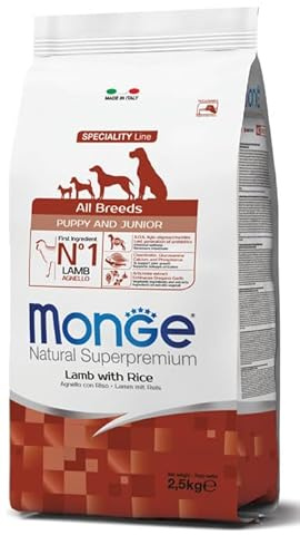 Monge Natural Superpremium All Breeds Puppy & Junior, Agnello con Riso, Cibo per Cuccioli, 1 confezione da 2,5 kg