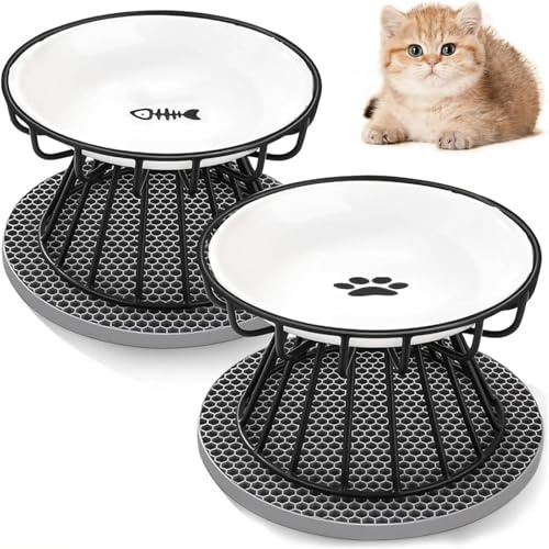 2 Comederos Elevados para Gato de Cerámica, con Soporte Metálico y Base de Silicona, Bebedero y Comedero, Ayuda a Aliviar la Fatiga al Comer
