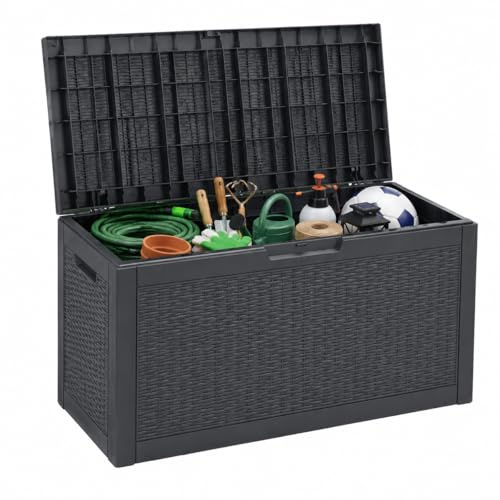 Wacloud 60 Galones Baúl de Almacenamiento Exterior, Caja de Resina para Patio 227L con Tapa con Cierre, Aspecto de Ratán Resistente al Agua para Cojines, Herramientas, Piscina, Juguetes y Jardín