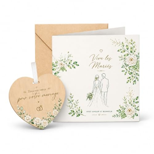 Carte Mariage Avec Cœur En Bois, Set Cadeau Élégant Pour Nouveaux Mariés. | Belle carte de voeux florale et son enveloppe mariage en kraft. Parfait pour écrire vos mots doux aux futurs époux.