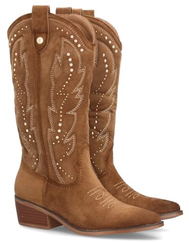 Botas Cowboy de Mujer Estilo Western con Diseno Elegante. Cana Alta con Bordados Decorativos y Tachuelas metalicas. Tacon Ancho de Altura Media, Punta Fina. Ideal Otono Invierno.
