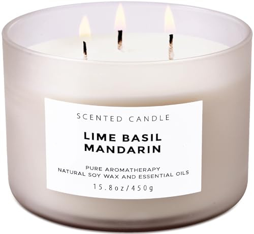 Lime Basil Mandarin 3-Wick Soy Candle | 15.8 oz Large Scented Candle for Home | Clean Burn Long Lasting | Fresh Herbal Citrus Scent | Gift Ready