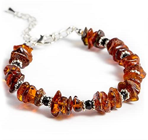 Bracciale da donna in ambra baltica facilmente regolabile, misura polso da 15 cm a 23 cm, Durchschnittliche Größe, Pietra Nichel Plastica, Ambra