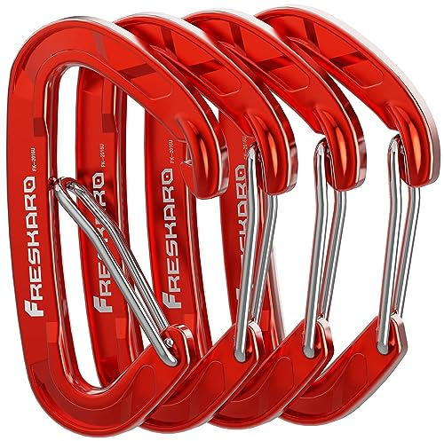FresKaro Karabiner Haken-Karabinerhaken 15kN, Robust, Klein, Stabil, Schlüsselanhänger, Zubehör, Federschnapper, für Camping, Hängematte, Schaukel, Hundeleine,Schlüssel, Nicht zum Klettern, 4Stück Rot