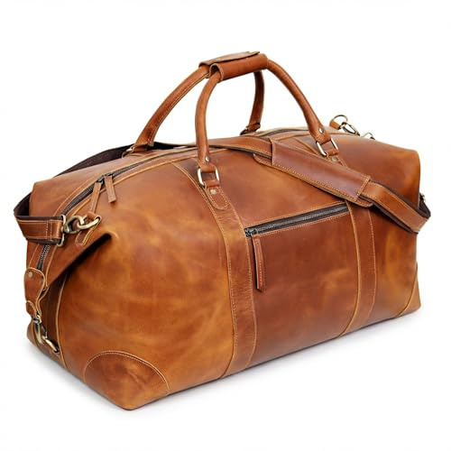 Cuero Full Grain Leather Duffle Bag for Men, Buffalo Overnight Weekend Travel Bag, Carry On with Organized Pockets, YKK Zippers, Adjustable Strap (Tan)