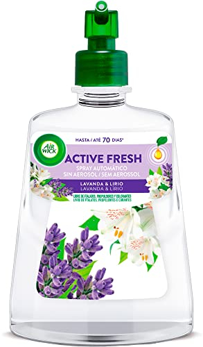 Air Wick Active Fresh Spray Automático Sin Aerosol, ambientador hogar neutralizador de olores con fragancia a Campo de Lavanda, 2 veces más aceites esenciales, Recambio 228 ml