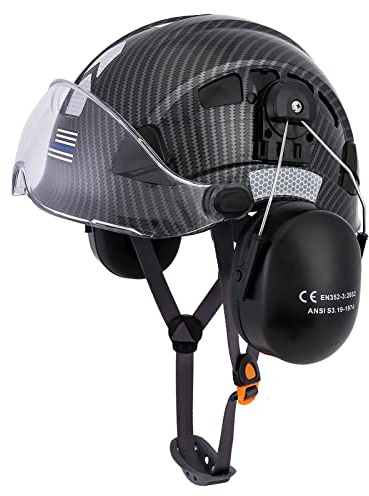 LOHASTAR Sicherheitshelm mit Visier und Gehörschutz, Arbeitshelm, Kettensägen-Forsthelm, Bau, belüfteter Schutzhelm, Cascos De Construccion, Hardhat (A2, schwarzes Graphitmuster mit klarem Visier und