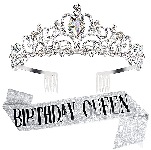 DRESHOW Corona e Fusciacca di Compleanno per Donna Fascia da Regina del Compleanno e Diadema di Strass Set di Diademi e Fusciacche per Ragazze Decorazioni per Capelli Accessori Scintillanti per Festa