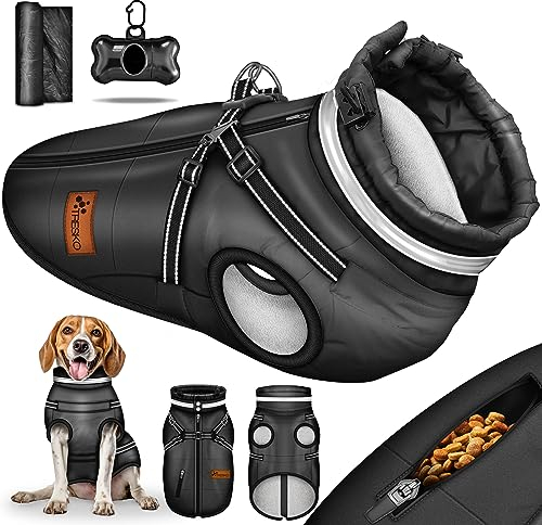 TRESKO® Hundejacke Winter mit Reflektoren inkl. 15 Stück Kotbeutel + Spender | Hunderegenmantel wasserdicht | Hundemantel mit Geschirr | Hunde Winterweste gefüttert (L, Schwarz)