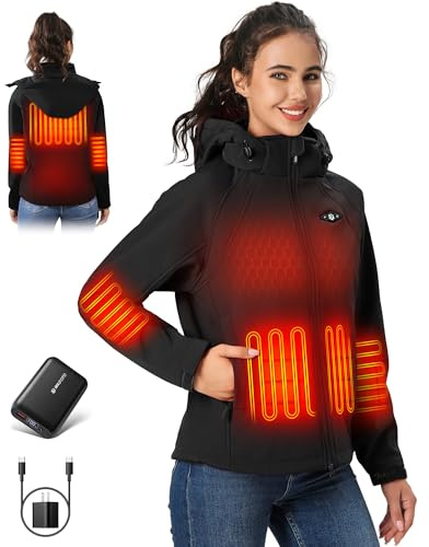 WASOTO Heated Jackets for Women 18400 mAh Battery Pack Water-Resistant Slim Fit with Detachable Hood Softshell Jackets(Black,M)