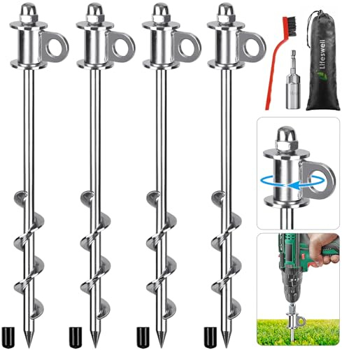 Lifeswell Paquete de 4 estacas para tienda de campaña, anclajes de tierra resistentes de 12 pulgadas, soldadura completa, fáciles de atornillar y reutilizables, para tiendas de campaña, camas