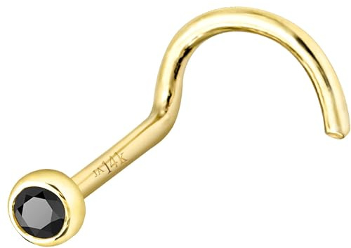Jewelry Avalanche Solid 14K Yellow Gold Nose Screw Stud Bezel Set 1.5mm Black Moissanite 22G Cork-screw Nose Stud - April Birthstone Nose Ring Stud NSBZ-BMNT15YG