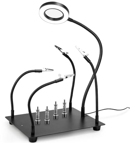 Terza Mano per Saldatura con Lente 5X LED Illuminata - Stazione Saldante Professionale con Luce Integrata, Base Metallica, 4 Morsetti PCB + Bracci Flessibili - Strumenti Elettronica Fai Da Te (2)