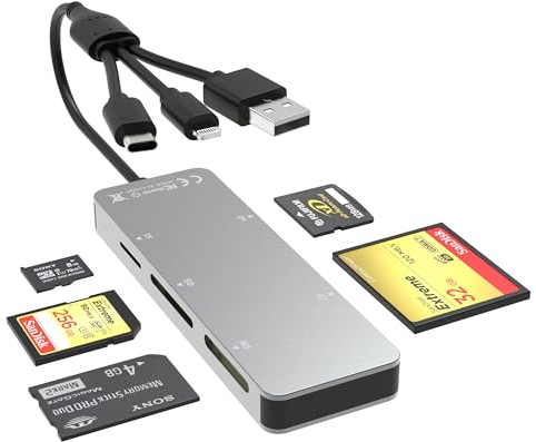 Adaptador Memory Stick Pro Duo para iPhone, teléfono Android, iPad, computadora portátil, PC - Lector de Tarjetas de Memoria SD TF CF XD MS 5 en 1 de Aluminio, con Puerto USB C, Lightning y USB 3.0