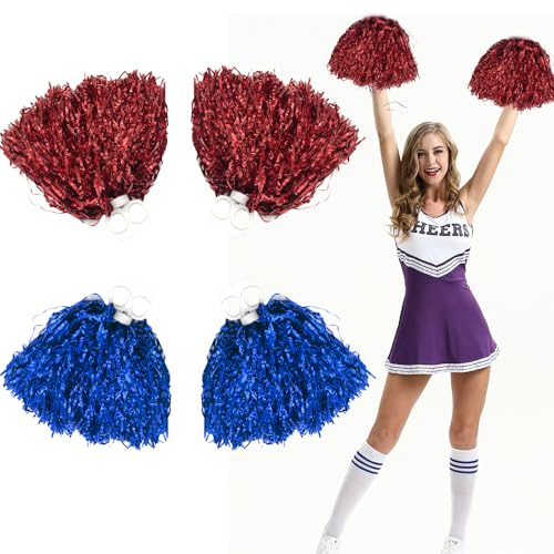 DECARETA 4 Stück Cheerleader Pom Poms Metallfolie Cheerleader Pompons Cheerleading Pompoms Cheerleader Poms Hand Blumen Leuchtende Farben mit Griff für Sportveranstaltungen, Tanzen (Rot und Rot)