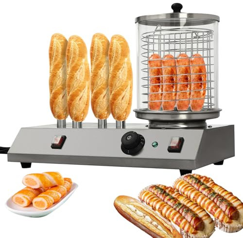 Commercial Hot Dog Maker, 494W Commercial Hot-Dog Machine Stainless Steel with 4 Toaster rods, Temperature Control 30-110℃,Cylinder Height 24 cm,Cylinder Diameter 20 cm, for Commercial