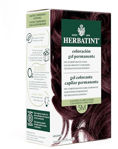 Herbatint Gel colorante permanente per capelli, 5 m, marrone chiaro mogano, 170 ml, senza ammoniaca, copertura ottimale dei capelli grigi, formula vegana, con 8 estratti vegetali biologici