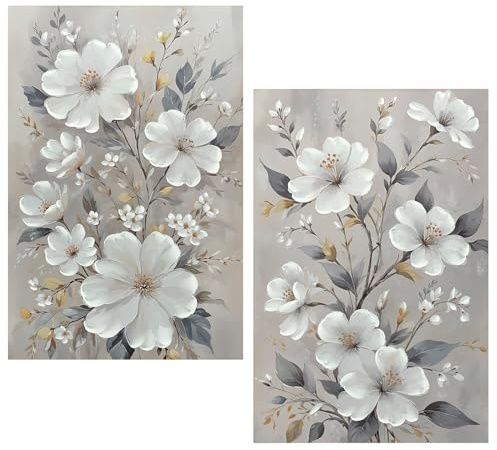 DRW Quadro su tela con fiori dipinti a mano in bianco e grigio 60 x 3 x 90 cm